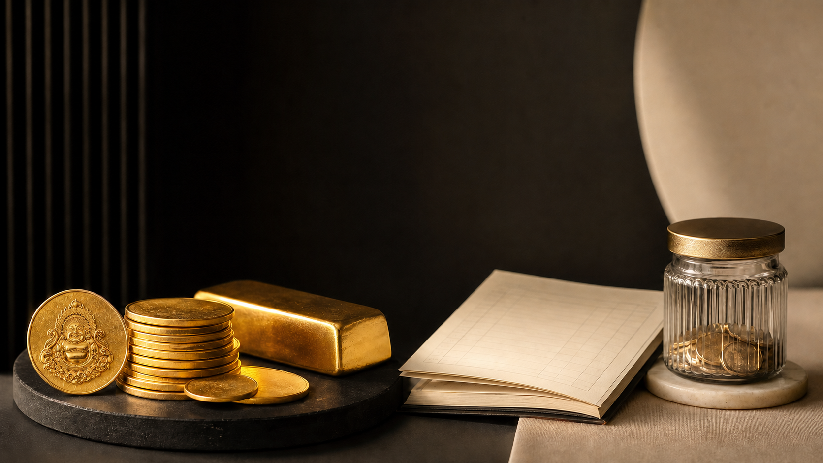 Gold coins and bar beside a savings ledger, with the Orange Chicken Gold emblem embossed on the front coin